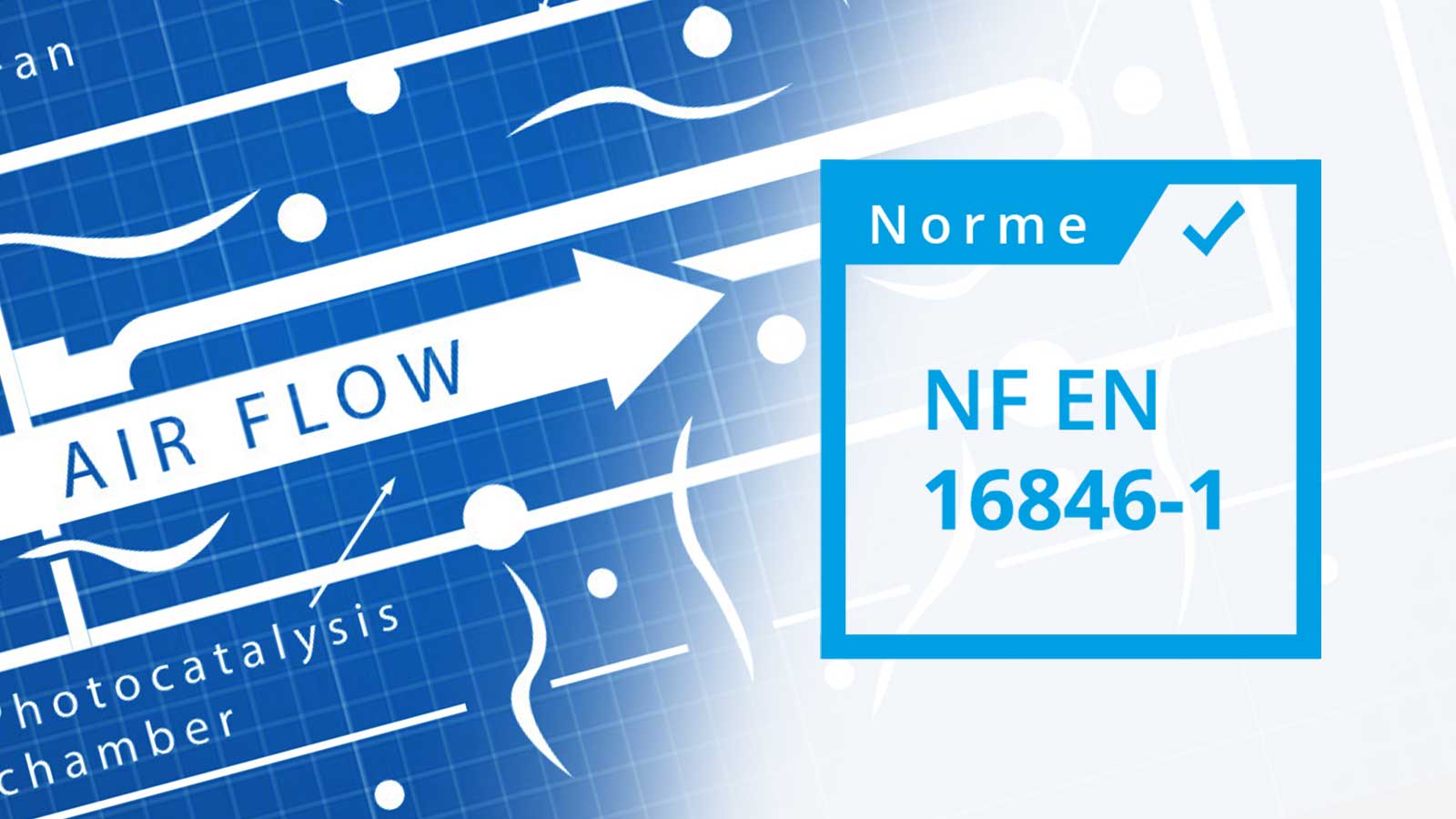 Logo norme NF EN 16846-1 écrit dans un carrer blanc avec un contour bleu ciel. Avec une images de fond reprenant un plan schématique de fonctionnement de la photocatalyse sur fond bleu sombre a quadrillage fin blanc. 