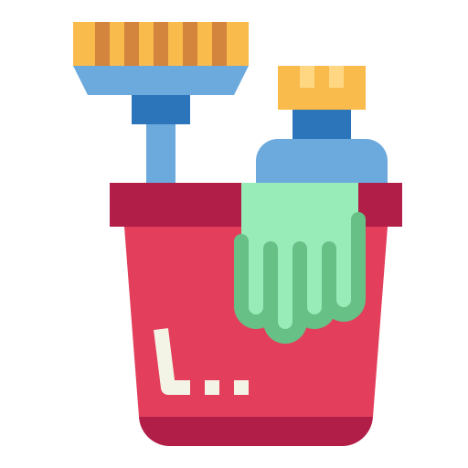 Un icône sur le ménage montrant un sot rouge avec à l'intérieur, un balai, un produit pour nettoyer et une paire de gants.
