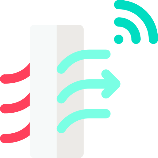 Un icone montrant un purificateur d'air. Nous pouvons voir l'air pollué en rouge qui rentre dans le purificateur d'air et il ressort en vert donc en air plus pollué.