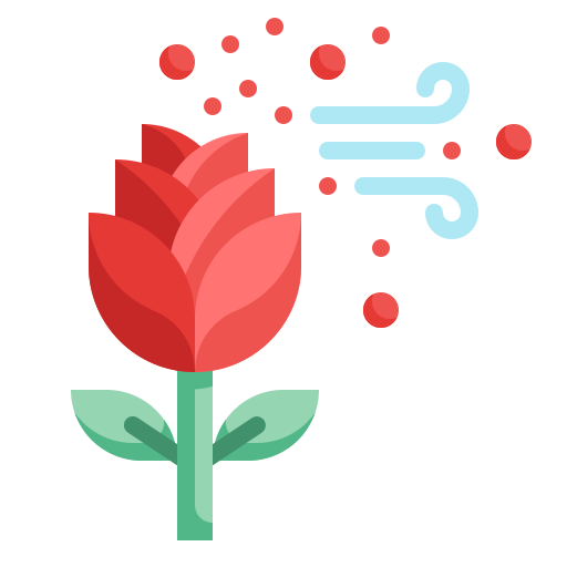 Un icon représentant une fleur qui disperse son pollen à l'aide du vent