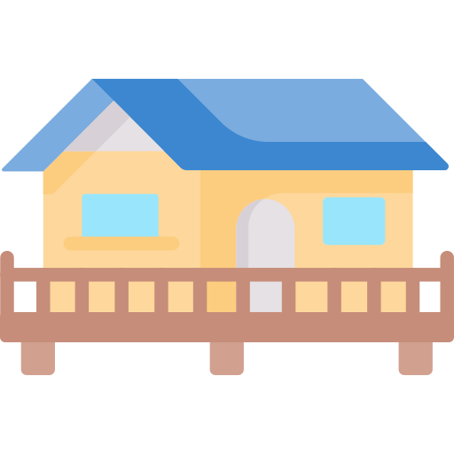 L'icon représente un bungalow avec un toit bleu, la façade beige, les fenêtres vertes et une porte.