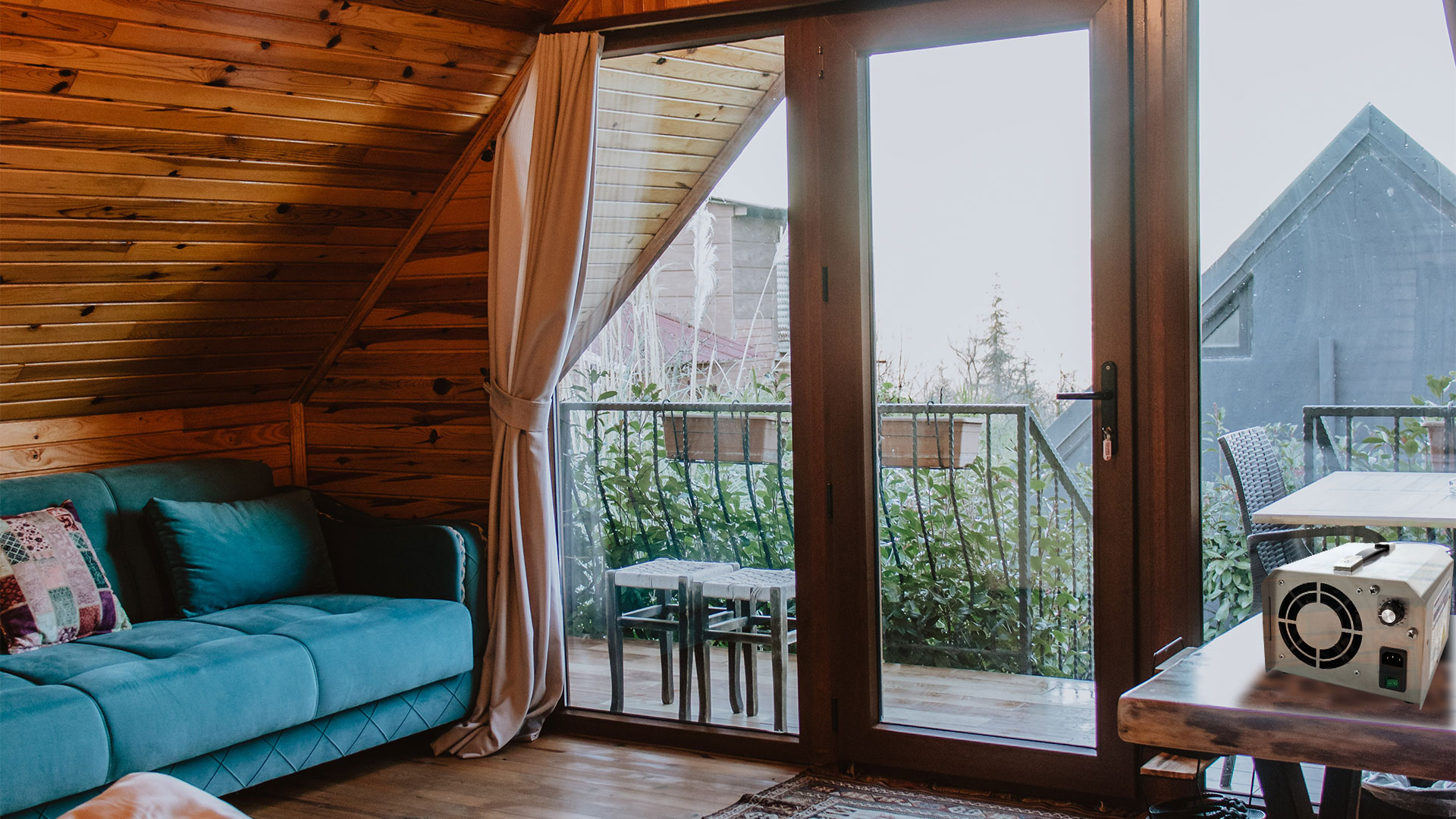 Une photo d'un intérieur de chalet (intérieur en bois). Nous pouvons voir que le chalet est bien éclairé et il y a un ozoneur sur la table dans le chalet.