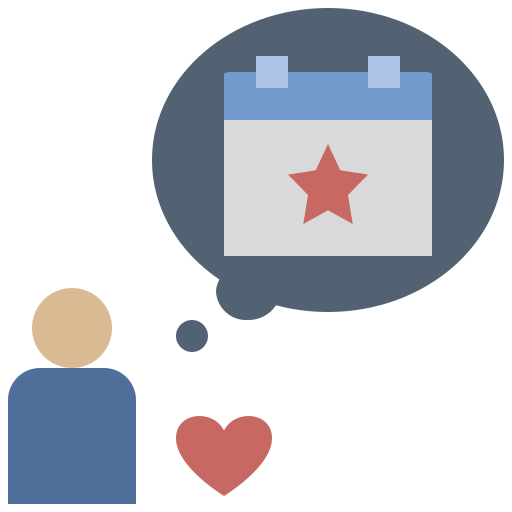 Un icon montrant un personnage qui se remémore une date avec un petit coeur pour dire qu'il a un bon souvenir du moment