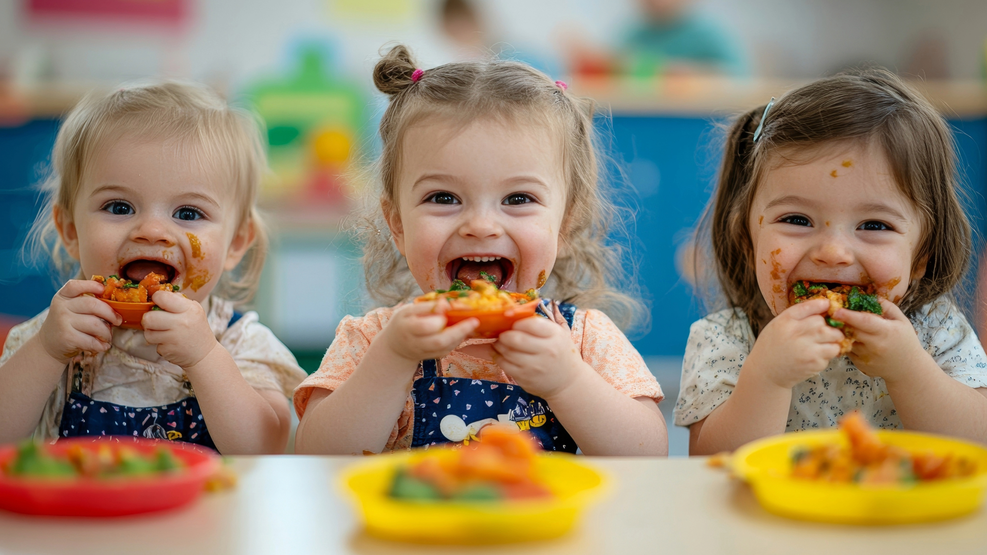 3 petite fille qui mange avec les main en crèche