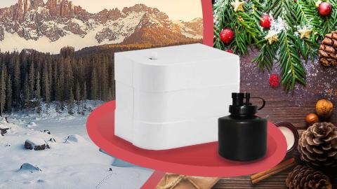 Pack diffuseur ventury nezbu + 1 flacon de parfum - photos montagne en hiver et table en bois avec élements de noel , sapin , houx, pomme de pain, noix, etc..