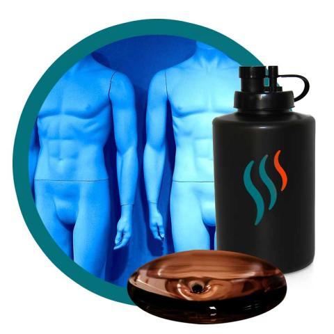 Destructeur odeur Humaine ou animal - Liquide destructeur et flacon devant une image de fond  de corps humain (mannequin en silicone)