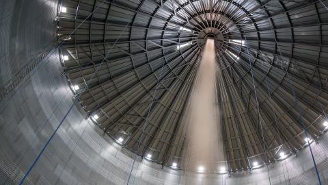 IDR traitement du grain en silo, photo intérieur d'un silo a grain avec un filet de grain qui tombe vers le centre depuis le toit